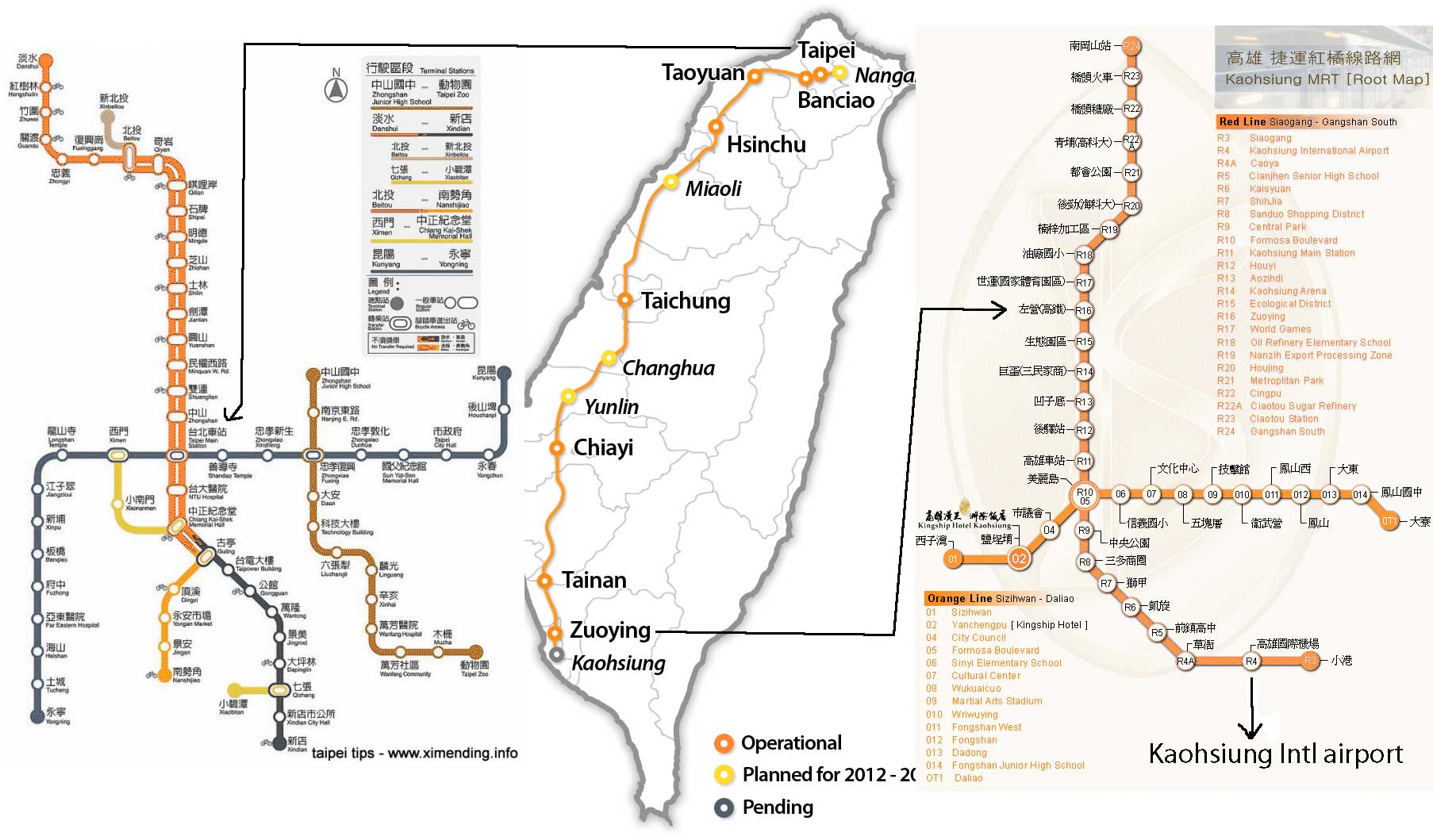 แผนที่รถไฟความเร็วสูงไต้หวัน HSR พร้อมจุดเชื่อมต่อในเมืองไทเป และเกาสง 